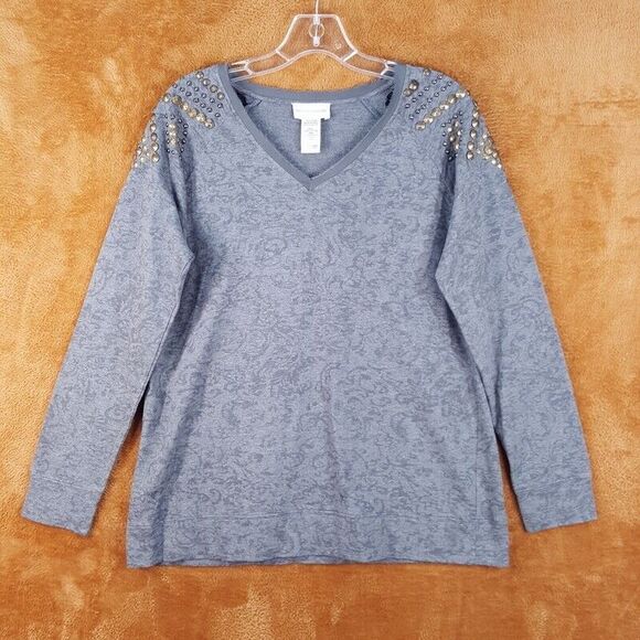 SOFT SURROUNDINGS Womens Sweater Small Gray Pullover Beaded Shoulder Raglan - Picture 1 of 7